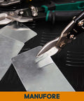 Three Piece Aviation Tin Snips Set 10 Inch Left Cut Right Cut And Straight Cut Metal Shears Heavy Duty Chrome Vanadium Steel CR V in use