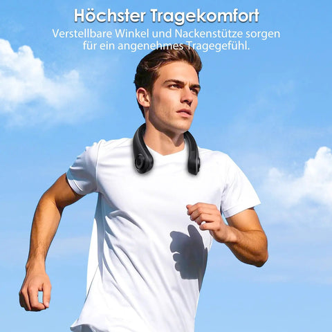 Man running outside wearing a Wearable Neck Fan With Support And 5 Speeds Ultra Lightweight Personal Cooler Blows Cold Air Rechargeable USB C All Day