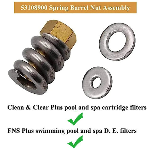 Rock Solid Brass Spring Barrel Nut Assembly For DE Pool Spa Cartridge Filters with one spring, one nut, and two seals.