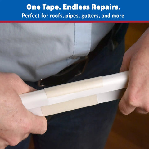 Person applying Clear Butyl Seal Tape 4 x 5 Ft Waterproof Leak Repair Tape for roofs, gutters, pipes, and RVs on a pipe