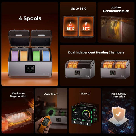 Space Pi X4 Filament Dryer Box with 4 spools, dual 200W heating chambers, up to 85°C, active dehumidification, various material storage, and safety features.
