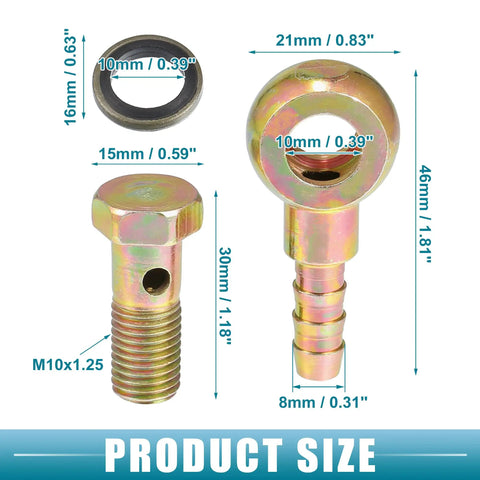 Turbo Brake Line Bolt Adapter Kit With Washers For Cars M10x1.25 Thread 30x15mm Ball Head Screw dimensions displayed.