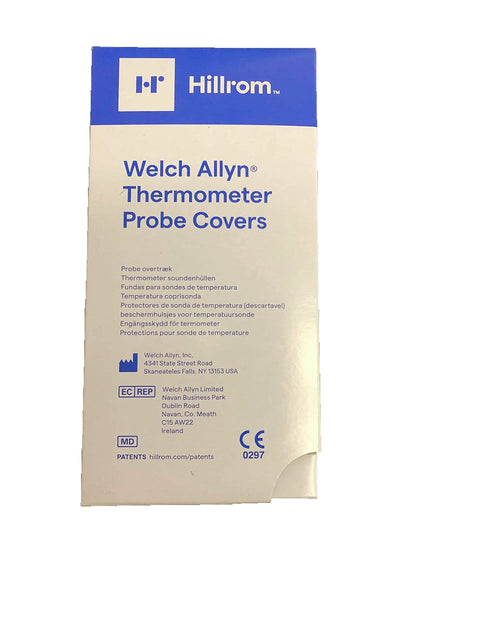 Temperature Probe Cover for SureTemp 250 Count Box showing product packaging, disposable clear transparent covers for digital thermometers.