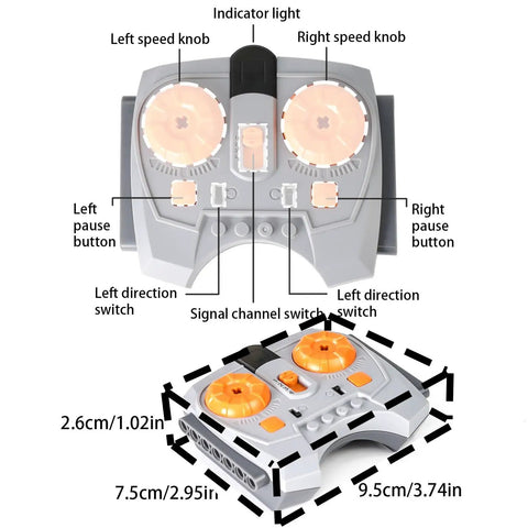 36 Pcs Power Functions Motor Set For STEM Building Blocks remote control with labeled buttons and knobs.