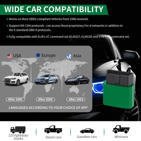 VLinker FD Plus OBD2 Bluetooth Diagnostic Scanner compatible with cars from USA, Europe, and Asia shown alongside a car image