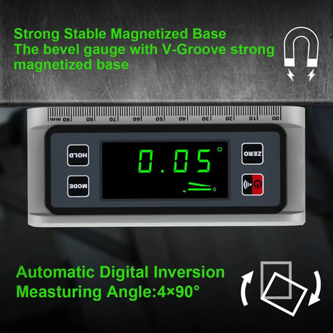 Top Shelf Digital Angle Finder Protractor Offering Dead On Precision Zero To 360 Degrees with magnetic V-Groove base.