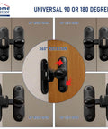Crazy Tough Heavy Duty Barn Door Lock 90 And 180 Degree Flip Latch Kit shown in multiple installation angles