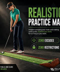 Woman practicing on indoor outdoor golf putting mat with ball return realistic turf surface two hole training 10 feet long