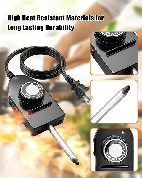 Heat Control Thermostat Probe For Electric Cookware Replacement Cord showing probe tip and settings dial with power plug.