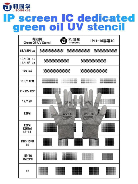 Screen IC Pad Green Oil UV Stencil Set For IPhone 11 To 16 Pro Max Solder Mask Repair Kit shown with stencil patterns.
