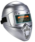 Pro Grade Auto Darkening Welding Helmet With Smart Sensor True Color HD Clarity Arc Protection Welder Hood in silver finish.