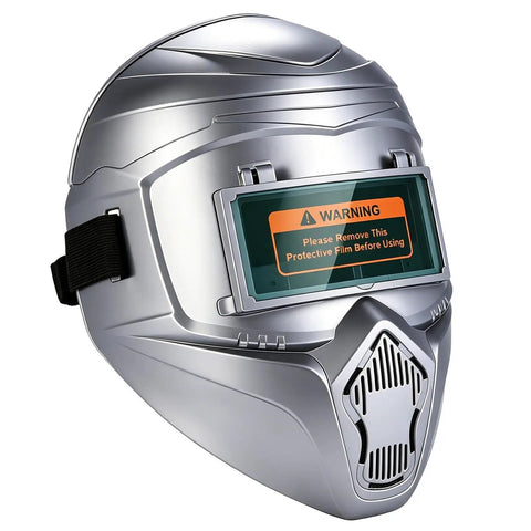 Pro Grade Auto Darkening Welding Helmet With Smart Sensor True Color HD Clarity Arc Protection Welder Hood in silver finish.