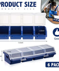 Front and side view of Six Pack Screw Organizer Boxes With Lids, Four Compartments Each, Plastic Stackable Hardware Organizer