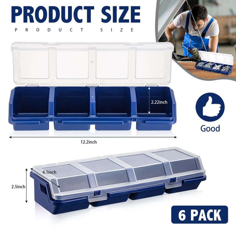 Front and side view of Six Pack Screw Organizer Boxes With Lids, Four Compartments Each, Plastic Stackable Hardware Organizer
