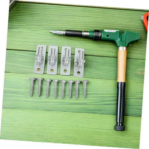 Rock Solid Wall Mount Gate Hinges 4 Pack Heavy Duty Galvanized Steel Fence Door Hardware tools and screws on a green surface.