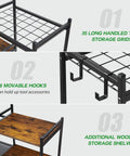 Heavy Duty Steel Garden Tool Rack With Two Tier Wooden Shelves And Six Hooks For Garage Organization detail view