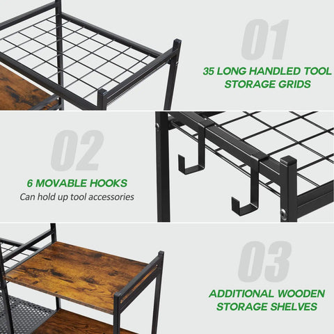 Heavy Duty Steel Garden Tool Rack With Two Tier Wooden Shelves And Six Hooks For Garage Organization detail view