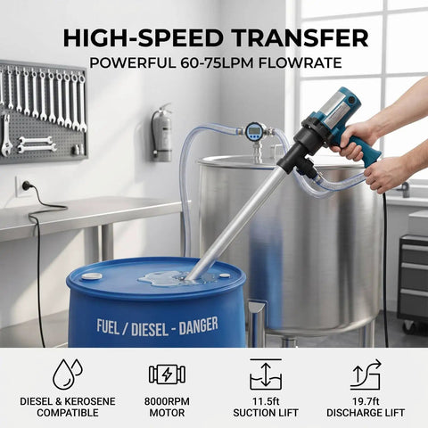 Odorkle 8000RPM Electric Drum Pump With Aluminum Pipe For Oil, Water And Derv Fast Flow Rate Up To 75LPM Versatile Solution For Safe Liquids Us Plug Compatible High Performance Fluid Transfer