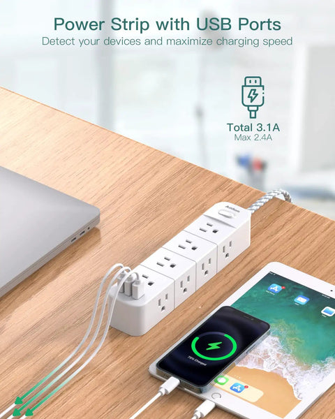 Surge Protector Power Strip With Twelve Outlets And Three USB Ports, Five Foot Extension Cord, Flat Plug, Wall Mount, ETL Listed, Space Saving Outlet Extender For Dorm, Home Office Or Workshop