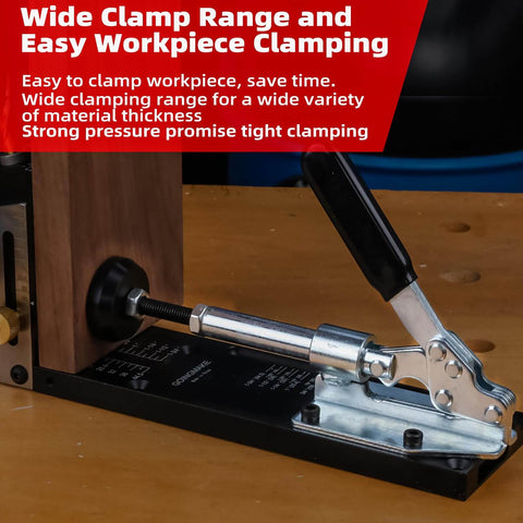 Side view of All Metal Pocket Hole Jig Kit With Quick Clamp And Dust Collection for easy clamping, shown in woodworking use.