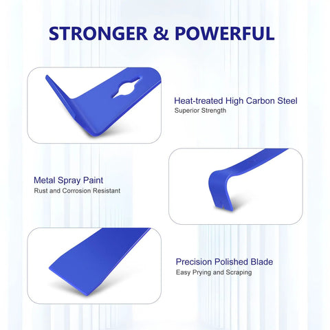 Beefy Heavy Duty Flat Pry Bar Set in blue with high carbon steel, metal spray paint, and precision polished blade features.