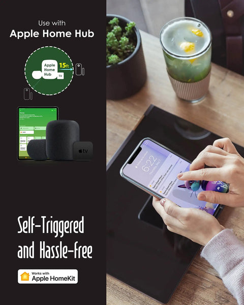Person using a smartphone with Apple Home Hub integration for Smart Door Alarm System With Magnetic Window Locks And Wireless Doorbell Chime