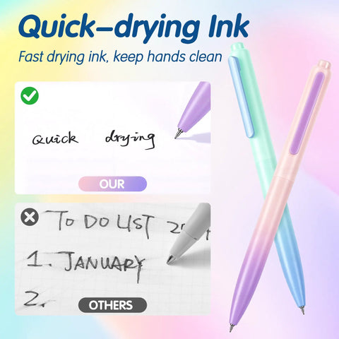 Gel Pen Set 0.5mm Quick-Drying Black Ink With Naturally Scented Fruity Ink, showcasing quick-drying ink comparison with gradient barrels.