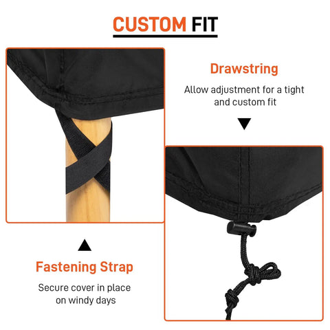 Close-up of drawstring and fastening strap on waterproof patio chaise lounge cover two pack for outdoor loungers and patio furniture.