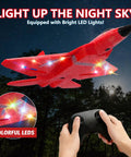SU27 RC Plane For Adults And Kids with LED lights in flight against a night sky, red durable EPP foam, remote control shown.