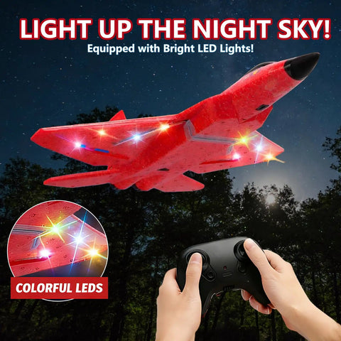 SU27 RC Plane For Adults And Kids with LED lights in flight against a night sky, red durable EPP foam, remote control shown.