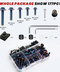 Sweet Ride Motorcycle Fairing Bolts Kit M5 And M6 Stainless Steel Fastener Set showing 177 pieces of assorted bolts, nuts, and tools.