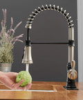 Dual Finish Kitchen Faucet In Black And Brushed Nickel With Pull Down Sprayer And Three Spray Modes Single Handle High Arc