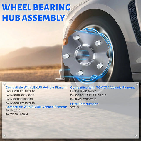 Car tire with Rear Wheel Bearing Hub Assembly 2 Pack 5 Lug 512372 For Scion tC 2011-2016 RAV4 2006-2016 And Lexus HS250h 2010-2012