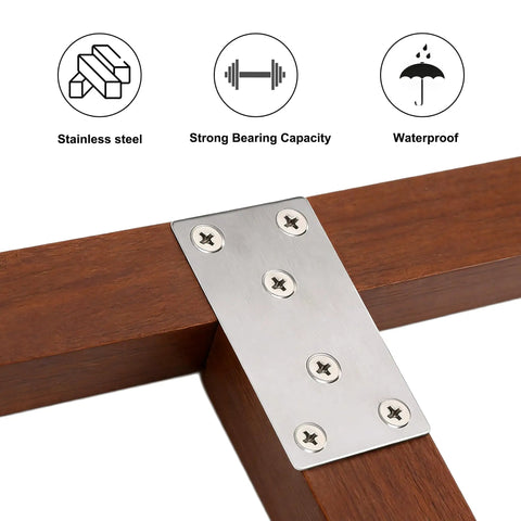 Heavy Duty Stainless Steel Mending Brackets 40 Pack Straight Up Solid Plates For Wood Shelves And Cabinets Rust Resistant DIY joining bracket securing wooden frame with screws.