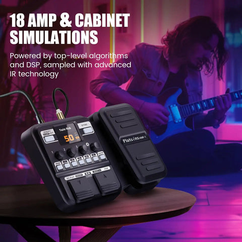 KMF-1 Guitar Pedal With 77 Effects And 50 Presets Delivers Gig Ready Tone For Live And Studio Use next to guitarist playing