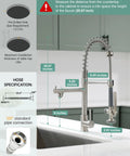 Heavy Duty Commercial Pull Down Kitchen Faucet With Sprayer In Brushed Nickel All Metal Body Pro Grade Durable Spring Magnetic Dock Ceramic Cartridge Easy Point Sprays Built For Busy Kitchens And Everyday Use, shown installed in a modern kitchen sink, highlighting measurements and hose specification.