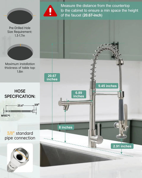 Heavy Duty Commercial Pull Down Kitchen Faucet With Sprayer In Brushed Nickel All Metal Body Pro Grade Durable Spring Magnetic Dock Ceramic Cartridge Easy Point Sprays Built For Busy Kitchens And Everyday Use, shown installed in a modern kitchen sink, highlighting measurements and hose specification.