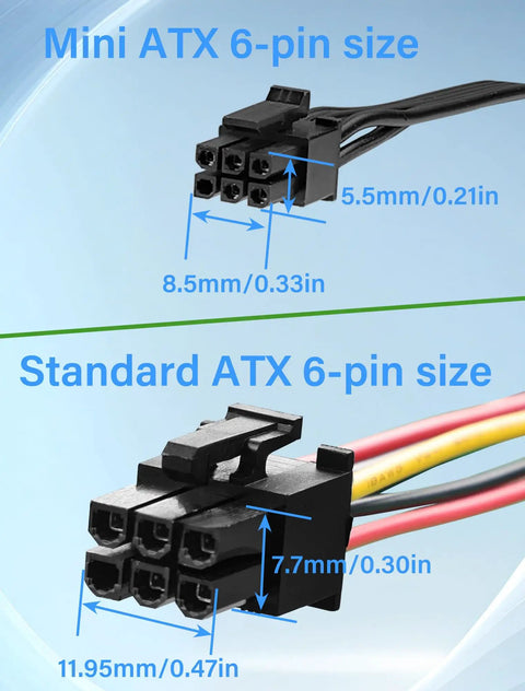 Mini ATX 6-Pin To SATA 15-Pin Power Adapter Extension Cable For HDDs SSDs And DVD CDROM Drives, 16 Inch Length, Pack Of 2, A Killer Pick For PC Builds, Gaming Rigs, And Quick Power Connector Upgrades., 6-pin connector size comparison