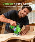 Man using Straight Up Compact Cordless Jigsaw Kit With Dual 2.0Ah Batteries for accurate woodworking cuts.