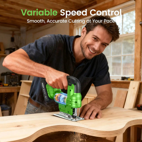 Man using Straight Up Compact Cordless Jigsaw Kit With Dual 2.0Ah Batteries for accurate woodworking cuts.