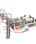 Straight Shooter Semi Automatic Double Head Bottle Filler Machine Pneumatic Stainless Steel 100 To 1000 Ml close-up view with dimensions