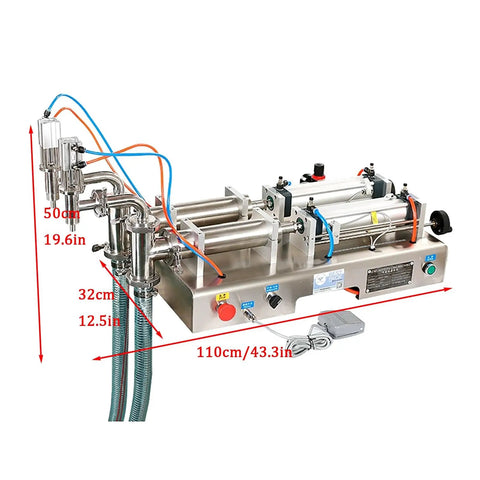 Straight Shooter Semi Automatic Double Head Bottle Filler Machine Pneumatic Stainless Steel 100 To 1000 Ml close-up view with dimensions
