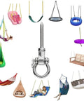 Beefy Heavy Duty Swing Hangers With Quiet Bearings, 180 Degree Swing Hardware, 1500 Lb Capacity, Anti Rust Steel Mounts displayed with various swings and hammocks.