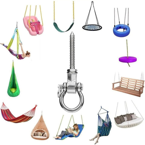 Beefy Heavy Duty Swing Hangers With Quiet Bearings, 180 Degree Swing Hardware, 1500 Lb Capacity, Anti Rust Steel Mounts displayed with various swings and hammocks.