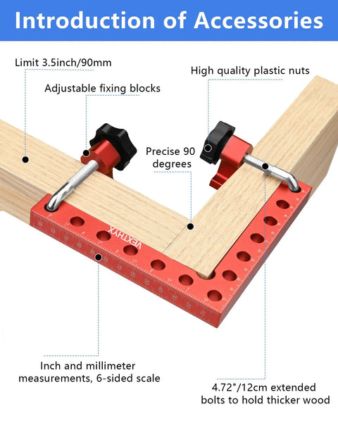 Corner Clamps For Woodworking 4 Pack 90 Degree Right Angle Squares 5.5 By 5.5 Inches installed on wood with measurements labeled.