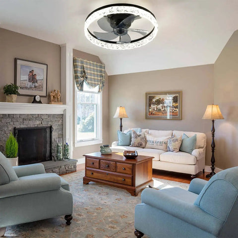 Living room with Dope 2 In 1 20 Inch Round Flush Mount Ceiling Fan With Lights Dimmable LED Remote Control 6 Speeds showcased on ceiling.