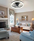 Living room with Modern 18 Inch Ceiling Fan With Lights And Remote, low profile flush mount, bladeless design, black finish.