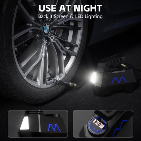 Portable Tire Inflator Air Compressor With Digital Pressure Gauge, 12V DC Car Pump with LED lighting inflating car tire