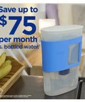 Slim Water Filter Pitcher With 8 Cup Capacity For Dorms And Mini Fridges Compact Design Dishwasher Safe Fast Filtration Includes One Filter For Cleaner Great Tasting Water Blue on kitchen counter.