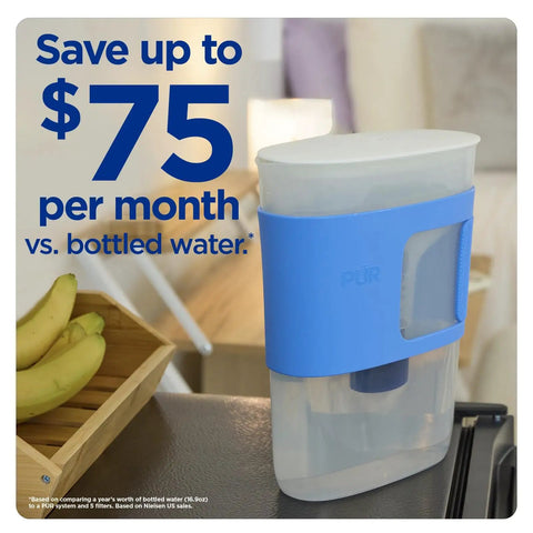 Slim Water Filter Pitcher With 8 Cup Capacity For Dorms And Mini Fridges Compact Design Dishwasher Safe Fast Filtration Includes One Filter For Cleaner Great Tasting Water Blue on kitchen counter.